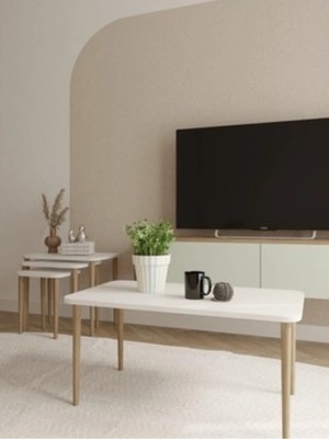 Maison Luré Zıon Serisi – Beyaz Orta Sehpa 50×90 cm 1. Sınıf Mdf Tabla Masif Gürgen Aya