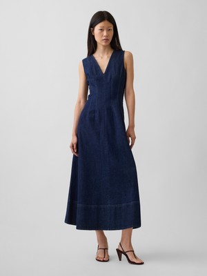 Gap Kadın Koyu Mavi Denim V-Yaka Maxi Elbise