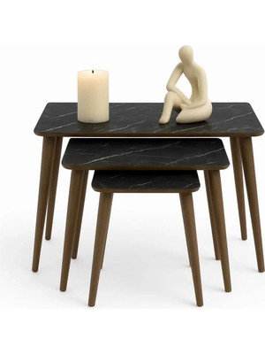 Maison Luré 3'lü Mdf Ahşap Zigon Sehpa Siyah Mermer Desenli