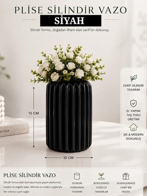 E.M.S Siyah Renk Plise Silindir Desen Vazo 15 x 10 cm Yapay Çiçek Organizer Hediyelik Dekoratif Vazo.