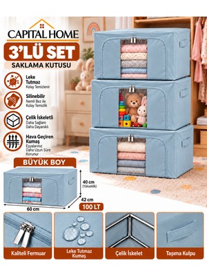 Capital Home 3 Lü Set Büyük Boy 60 x 42 x 40 cm Hurç Çelik Iskeletli+ Şeffaf Pencereli+Çift Fermuarlı