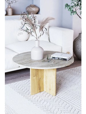 Maison Luré Orta Sehpa, Iskandinav Stil, Bohem, 72 cm - Traverten & Meşe