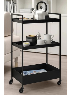 Maison Luré Siyah Çelik Servis Arabası 3 Katlı Tekerlekli Raflı BC018 Şaraplık & Servis Arabası