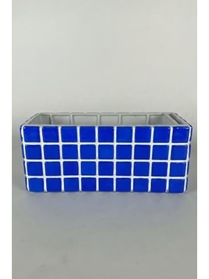 Flatform Pera Mozaik Saksı – El Yapımı 3 Bölmeli Dikdörtgen Sukulent Saksısı, Renkli Seramik Mozaik Dekoratif Saksı (Mavi)