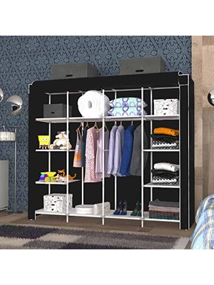 Geniş Hacimli Raflı Askılı Bez Dolap Gardrop (Sıyah)