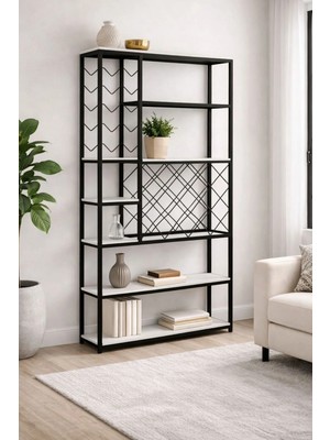 Maison Luré Metal Şaraplık Siyah Beyaz Ahşap Raflı Hazır Kurulu Şaraplık & Servis Arabası