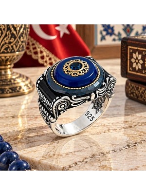 Siset Gümüş 925 Ayar  Özel  Tasarım Kehribar  Taşlı Erkek  Gümüş  Yüzük