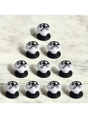 Ertürk Store Polimer Kulp Düğme, Mobilya Mutfak Dolabı, Kulbu 10 Adet, Desenli Beyaz Siyah, Çekmece Dolap Kulpu