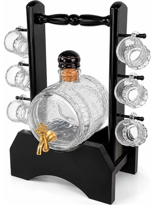 Maison Luré Cam Fıçı ve 6 Shot Bardaklı Ahşap Standlı Içki Servis Seti Şaraplık & Servis Arabası