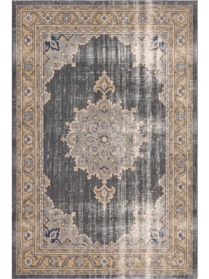 Rugzella Antrasit Füme Vintage Soyut Desenli Eskitme Yıkanabilir Lacivert Antre Yıkanabilir Yolluk