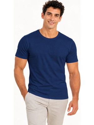 Fevien Erkek Pamuklu ve Elastan Karışımlı Bisiklet Yaka Kısa Kollu Basic T-Shirt Esnek Rahat Kesim Günlük Tişört 1312