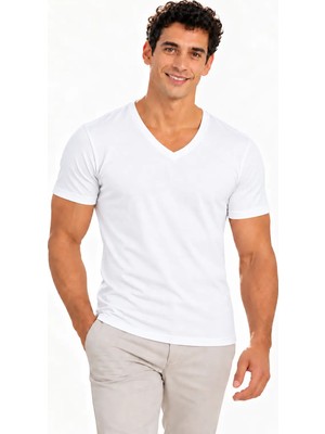 Fevien Erkek V Yaka Kısa Kollu Pamuklu Basic Tişört - Esnek Rahat Kalıp Nefes Alabilen Günlük Spor T-Shirt