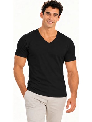 Fevien Erkek V Yaka Kısa Kollu Pamuklu Basic Tişört - Esnek Rahat Kalıp Nefes Alabilen Günlük Spor T-Shirt