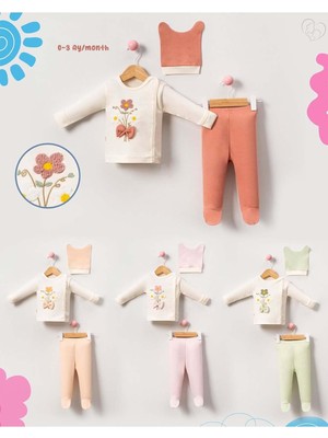 Tr Myzi Store Yenidoğan Hastane Çıkışı 3 Lü Set ORGANIK%100 Pamuk Bebek Kıyafeti Çiçek Re