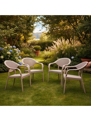 Tr 4 Adet Bambu Plastik Rattan Bahçe Balkon Teras Sandalyesi Gizli Metal Profil Ayaklı Kollu Sanda