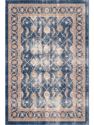 Rugzella Erythrite Vintage Eskitme Lacivert Krem Iran Deseni Motifli Kaymaz Taban Yıkanabilir Halı