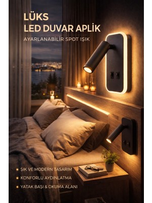 Edison Modern Yatak Başı LED Duvar Aplik Ayarlanabilir Spotlu Çift Kademeli Yatak Başı Okuma Lambası Siyah
