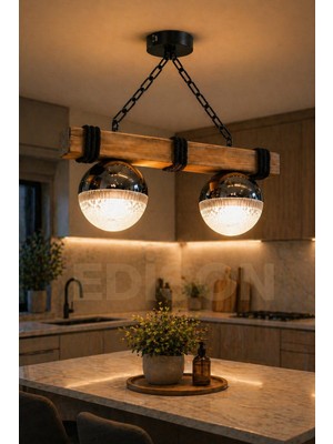 Edison Rustik Ahşap Kirişli 2’li LED Avize Gold Küre Tasarım 3 Renk Işık Modern Sarkıt Aydınlatma Altın