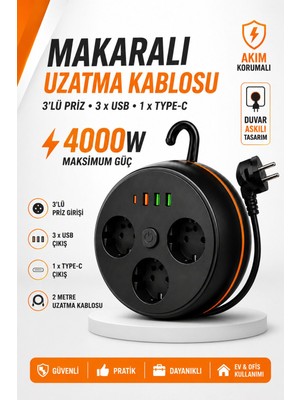 Edison Makaralı Uzatma Kablosu 3'lü Topraklı Priz 3 USB Type-C Girişli 2 Metre Akım Korumalı Siyah