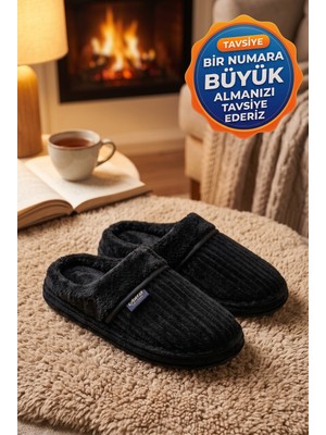 Relaxa Erkek Ev Terliği, Çeyiz Terliği Kışlık Terlik, Ses Yapmaz Yumuşak Hafif Taban Siyah