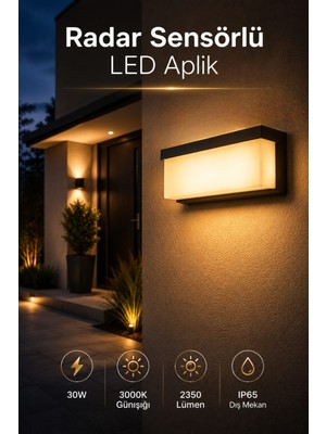 Edison 30W Radar Sensörlü LED Duvar Apliği 3000K Günışığı 2350 Lümen IP65 Dış Mekan Modern Aydınlatma Siyah