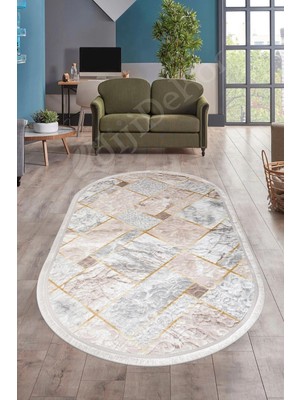 Dijidekor Halı Vizon Cool Yıkanabilir Saçaklı Oval Delüxe Kesme Yolluk Kilim Salon Halısı Modelleri, Vizon-Gri, 80X150