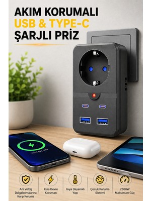 Edison Akım Korumalı Priz Çoklayıcı 2 USB 2 Type-C Hızlı Şarj Adaptörü Termal Korumalı 2500W Siyah