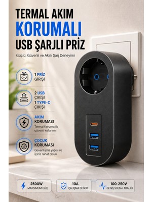 Edison Akım Korumalı Priz Çoklayıcı USB Type-C Şarjlı Termal Korumalı Çocuk Güvenlikli 2500W Siyah