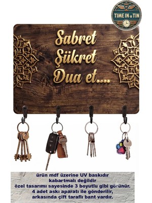 Time in a Tin Sabret Şükret Dua Et -Mdf Duvar Anahtarlığı - 4 Kancalı Dekoratif Anahtar Askısı - Uv Baskı