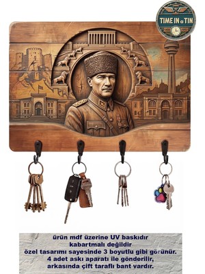 Time in a Tin Atatürk Temalı Duvar Askısı Anahtarlık -Derinlikli Tasarım Duvar Anahtarlığı - 4 Kancalı Dekoratif Anahtar Askısı