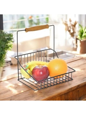 Ertürk Store Retro Ferforje Tek Sepet, Ahşap Kulplu Mutfak, Banyo, Salon ve Ofis Düzenleyici, Siyah, 20X20 cm
