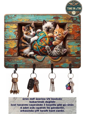 Time in a Tin Şirin Kedi Yün Temalı Duvar Askısı Anahtarlık -Derinlikli Tasarım Duvar Anahtarlığı - 4 Kancalı Dekoratif Anahtar Askısı