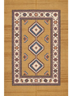 Rugzella Hardal Sarısı Bohem Kademeli Geometrik Desenli Kilim Görünümlü Turuncu Yıkanabilir Halı