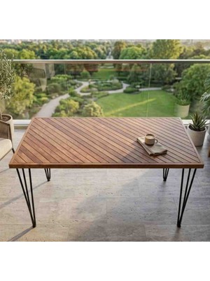 Mirrorss Balıksırtı Desenli Ahşap Balkon ve Bahçe Masası - Siyah Firkete (Tel) Metal Ayaklı