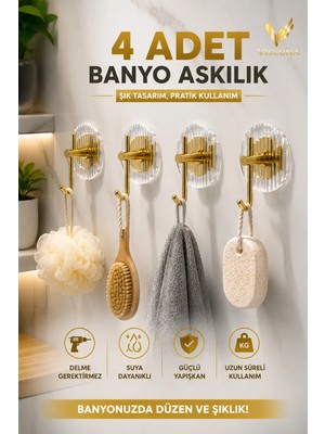 Maison Luré Gold Renkli Şık Tasarım Yapışkanlı Şeffaf Askılık 4 Adet Banyo Askısı