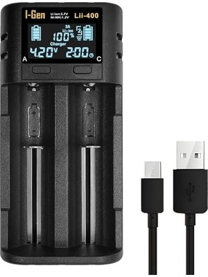 Ertürk Store LII-400 Akıllı Li-Ion Pil Şarj Cihazı, Type-C Girişli, LCD Ekranlı, 2 Slot, Li-Ion ve Ni-Mh Uyumlu (18650/21700/AA/AAA)