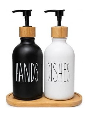 Ertürk Store 2'li Siyah Beyaz Cam Sabunluk Seti, 500 Ml, Bambu Standlı