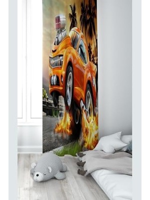 Ertürk Store Turuncu Araba Desenli Dijital Baskı Yıkanabilir Bebek Çocuk Odası Fon Perdesi, Turuncu, 140 x 270