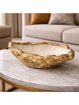 Ertürk Store Taş Dokulu Beton Dekoratif Kase, El Yapımı Modern Minimalist Orta Sehpa Objesi, Salon ve Masa Üstü Aksesuarı, 30 cm (Gold-Bej)