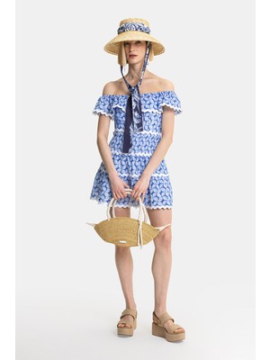 Vakko Blue Drop Shoulder Short Dress