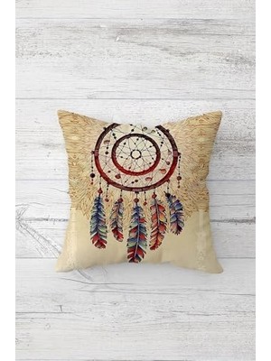 Ertürk Store Bej ve Renkli Tüy Desenli Bohem Kırlent Kılıfı, Çift Taraflı Baskılı, Gizli Fermuarlı, 45 x 45