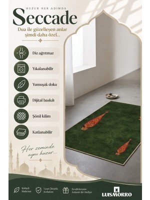 Luismorro Şönil Dokuma Kaymaz Tabanlı Dijital Baskılı Yıkanabilir Seccade - Yeşil (75X120 Cm)