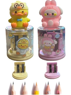 Ertürk Store Mini Figürlü Sevimli 2'li Kalem Traş 2 Adet Hazneli Kalemtıraş Çift Bıçaklı Kalem Açacağı Figürlü No2 Jumbo ve Standart