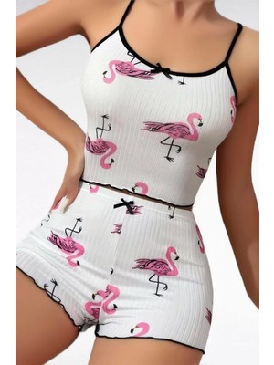 Bemy Store Pamuklu Beyaz Üstüne Pelikan Desen Fitilli Askılı Şortlu Pijama Takımı