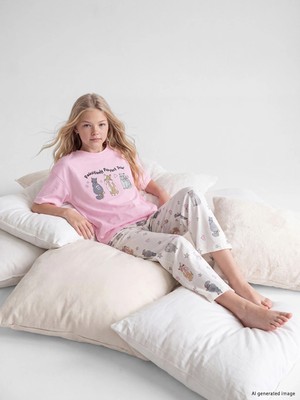 Lc Waikiki Yeni Sezon Pembe Baskılı Kız Çocuk Kaprili Pijama Takım