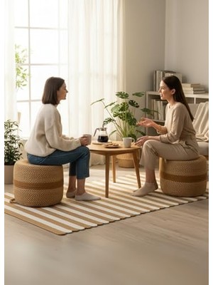Ertürk Store Natureline Jüt Puf Salon Pufu Antre Puf Makyaj Masası ve Yatak Odası Banyo Puf Teras Veranda ve Balkon Uyumlu Hasır Dekoratif Dayanıklı ve Çok Amaçlı Puff (Hasır-Beyazkırçıl)
