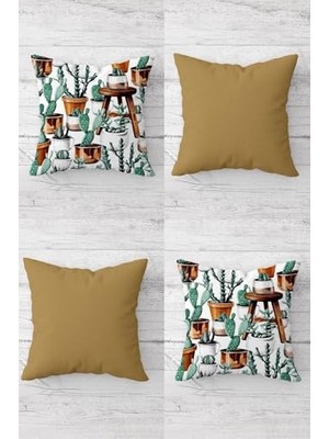 Ertürk Store Tabure Üstünde Saksıda Kaktüsler Desenli Gizli Fermuarlı Kırlent Kılıfı Takım (4ADET), Yeşil 45 x 45