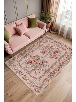 Ertürk Store Aurora Çiçekli Şönil Kaymayı Önleyici Doğal Pamuk Tabanlı Yıkanabilir Antibakteriyel Çevre Dostu Salon Halısı 140X200