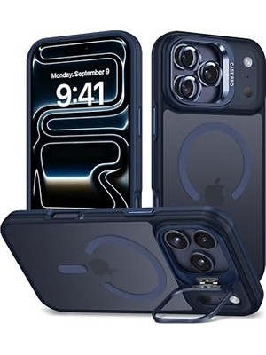 Ertürk Store iPhone 17 Pro Max Için Kılıf Kamera Korumalı Magsafe ile Uyumlu Kablosuz Şarj Özellikli Mat Şeffaf Renkli Standlı Lens Hediyeli Telefon Kılıfı (Lacivert)