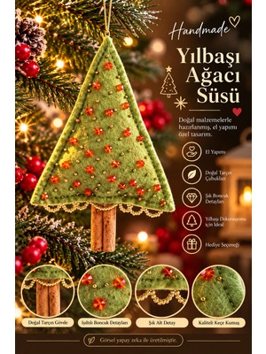 Haneliya El Yapımı Yılbaşı Ağacı Süsü – Keçe ve Doğal Tarçın Çubuklu Boncuk Detaylı Handmade Dekor